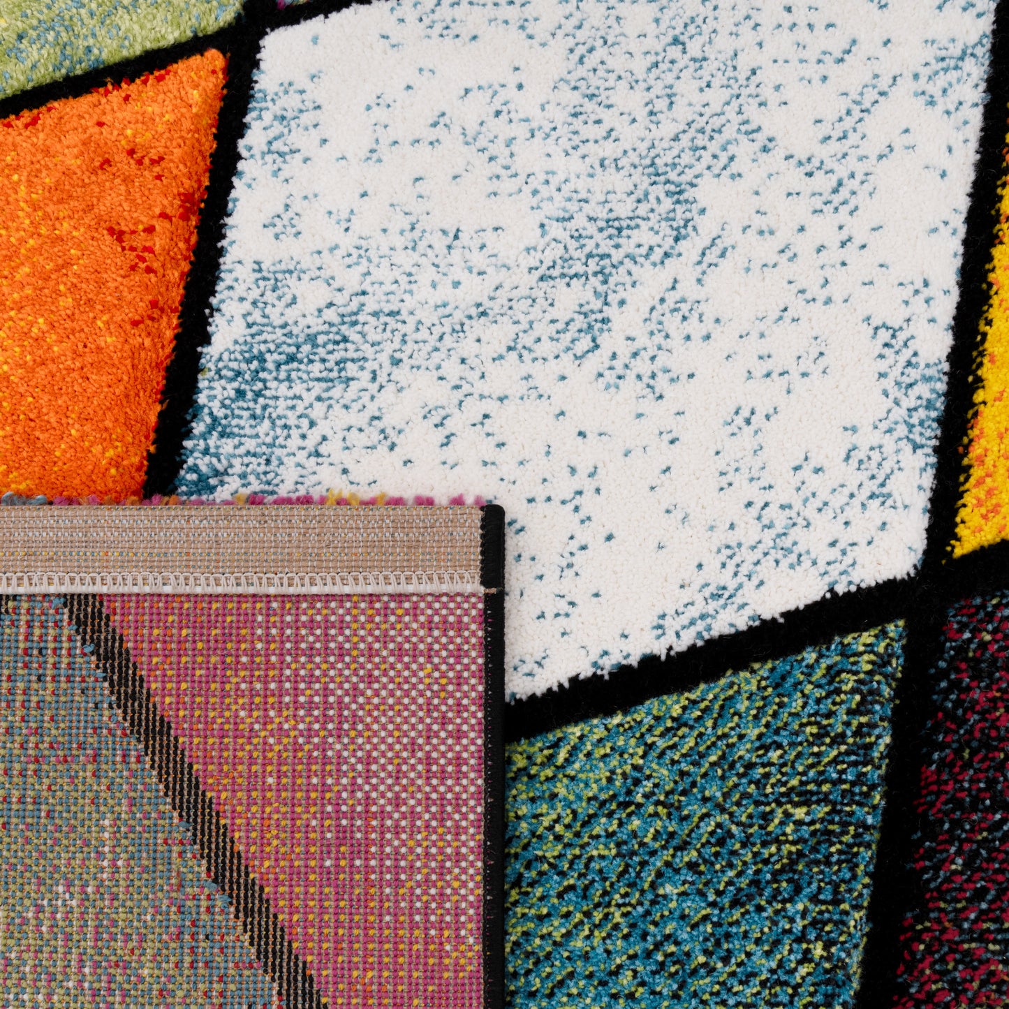 Colorful Area Rug Smaragd Checkered With Multicolor Diamonds
