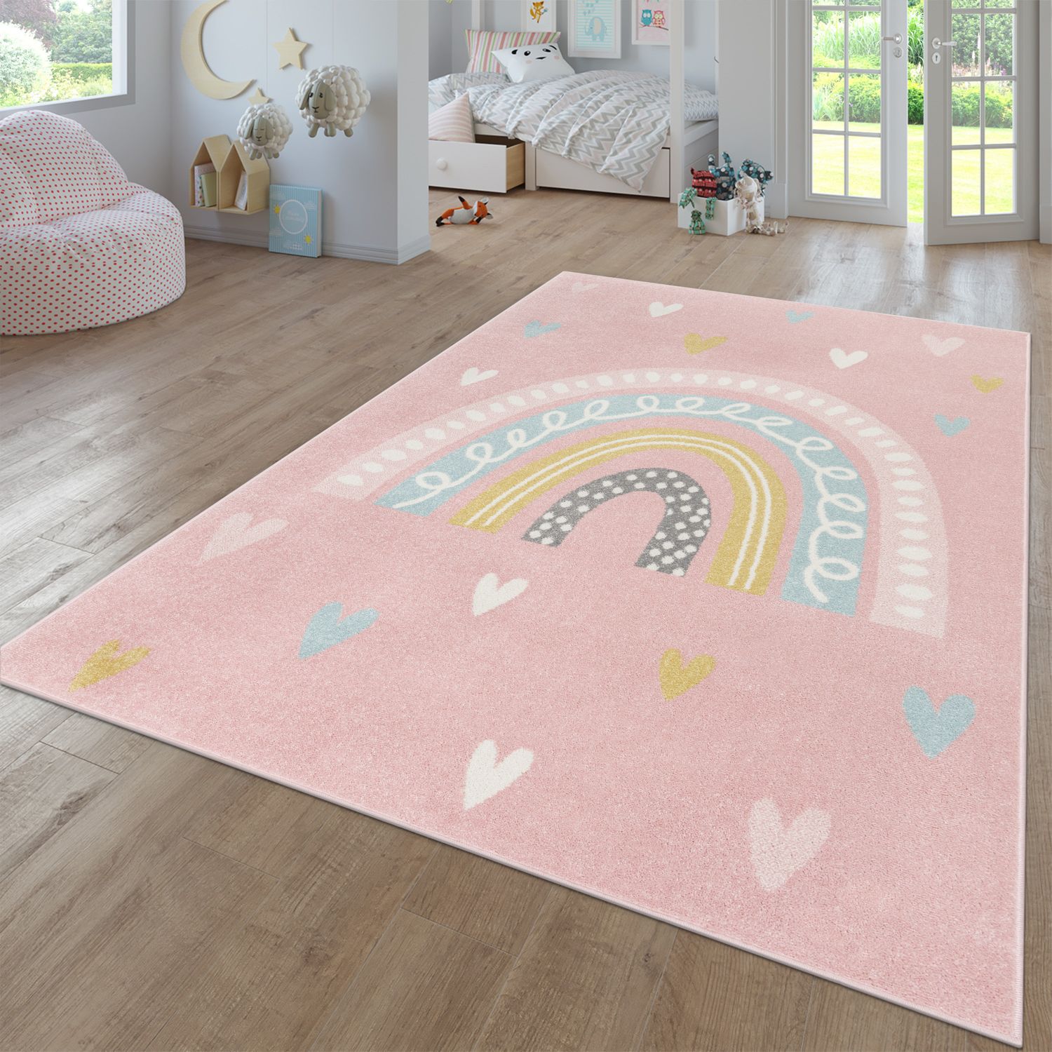Kids Rug Nino with Rainbow and Hearts for Nursery in Pink