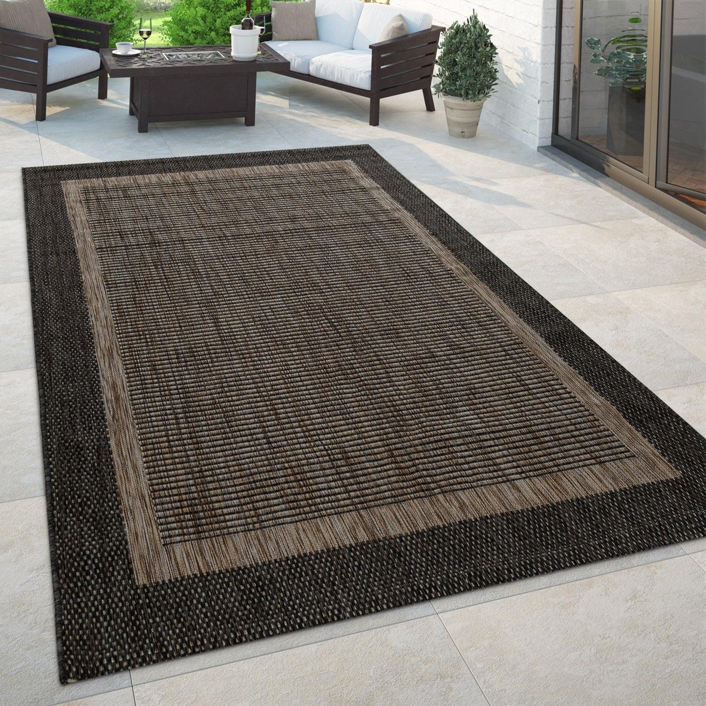 Anthracite Brown Outdoor Rug Rustic & Simple Style Bordered for Patio/Balcony - RugYourHome