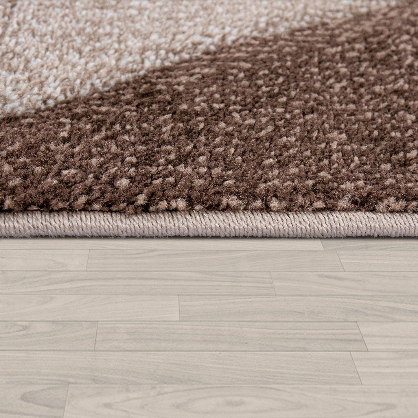 Area Rug Bordered with Geometric Pattern and Contour Cut in Brown Beige - RugYourHome