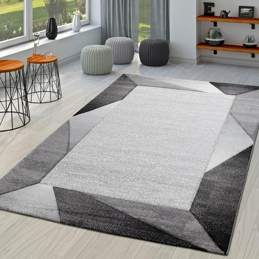 Area Rug Bordered with Geometric Pattern Grey Anthracite with Contour Cut - RugYourHome