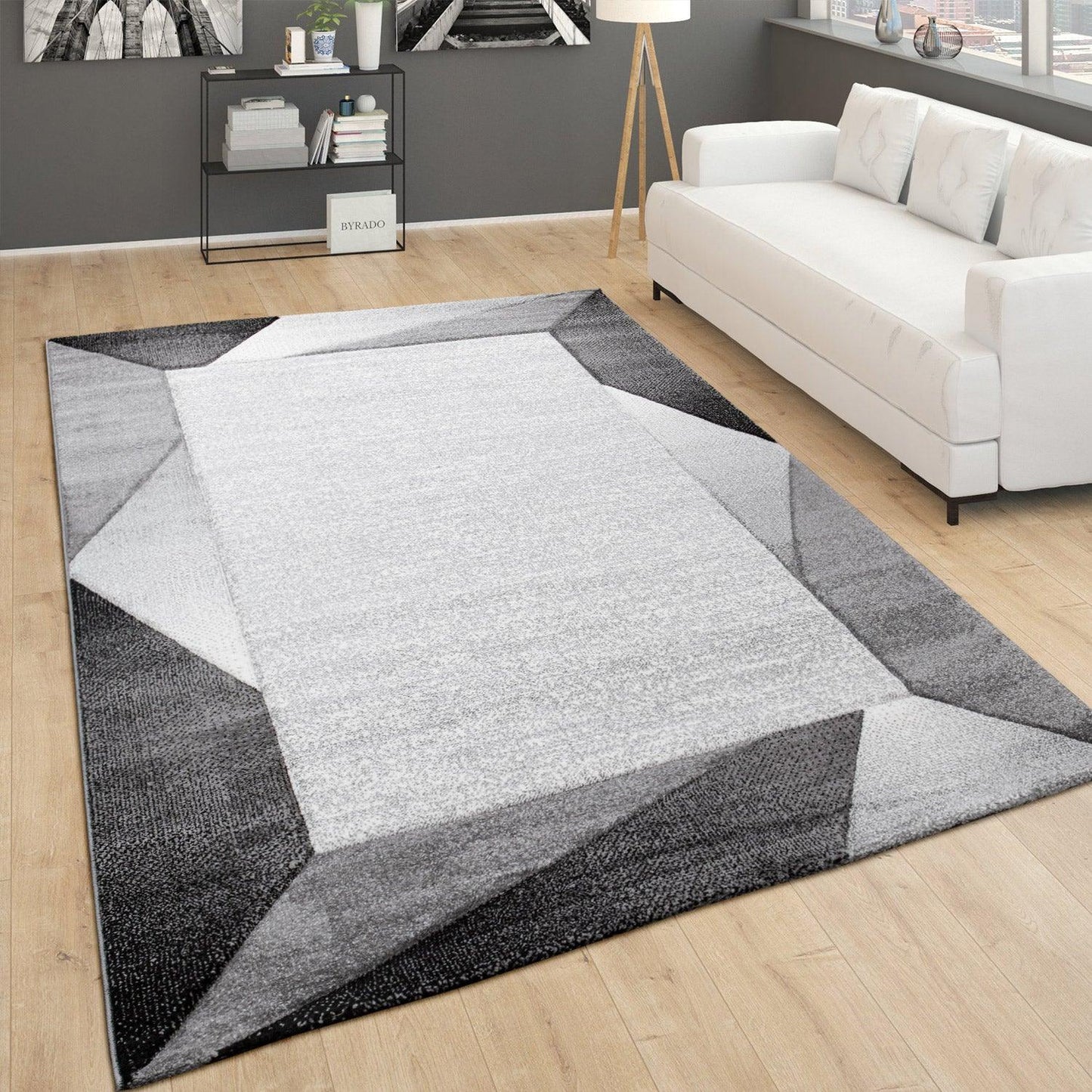 Area Rug Bordered with Geometric Pattern Grey Anthracite with Contour Cut - RugYourHome