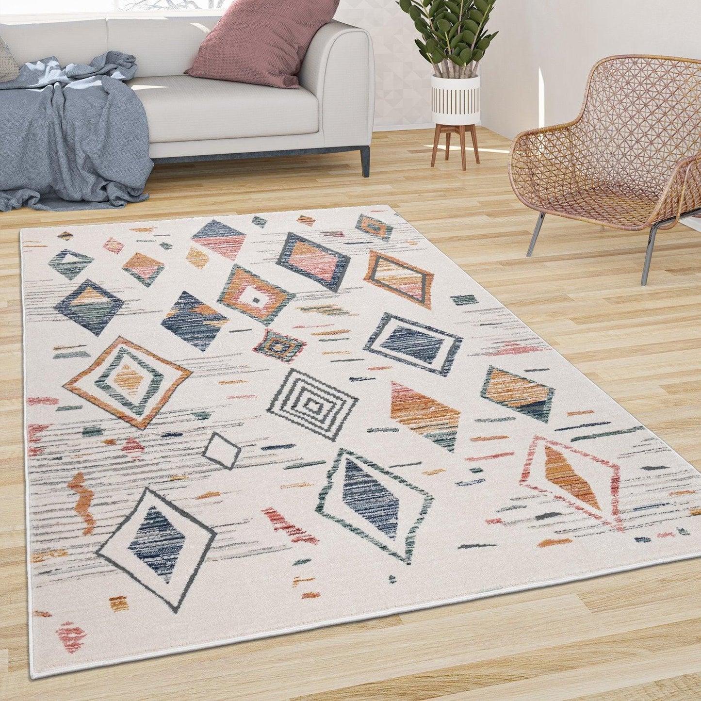 Area Rug Cream Low-Pile Boho Style Colorful Diamond Pattern - RugYourHome