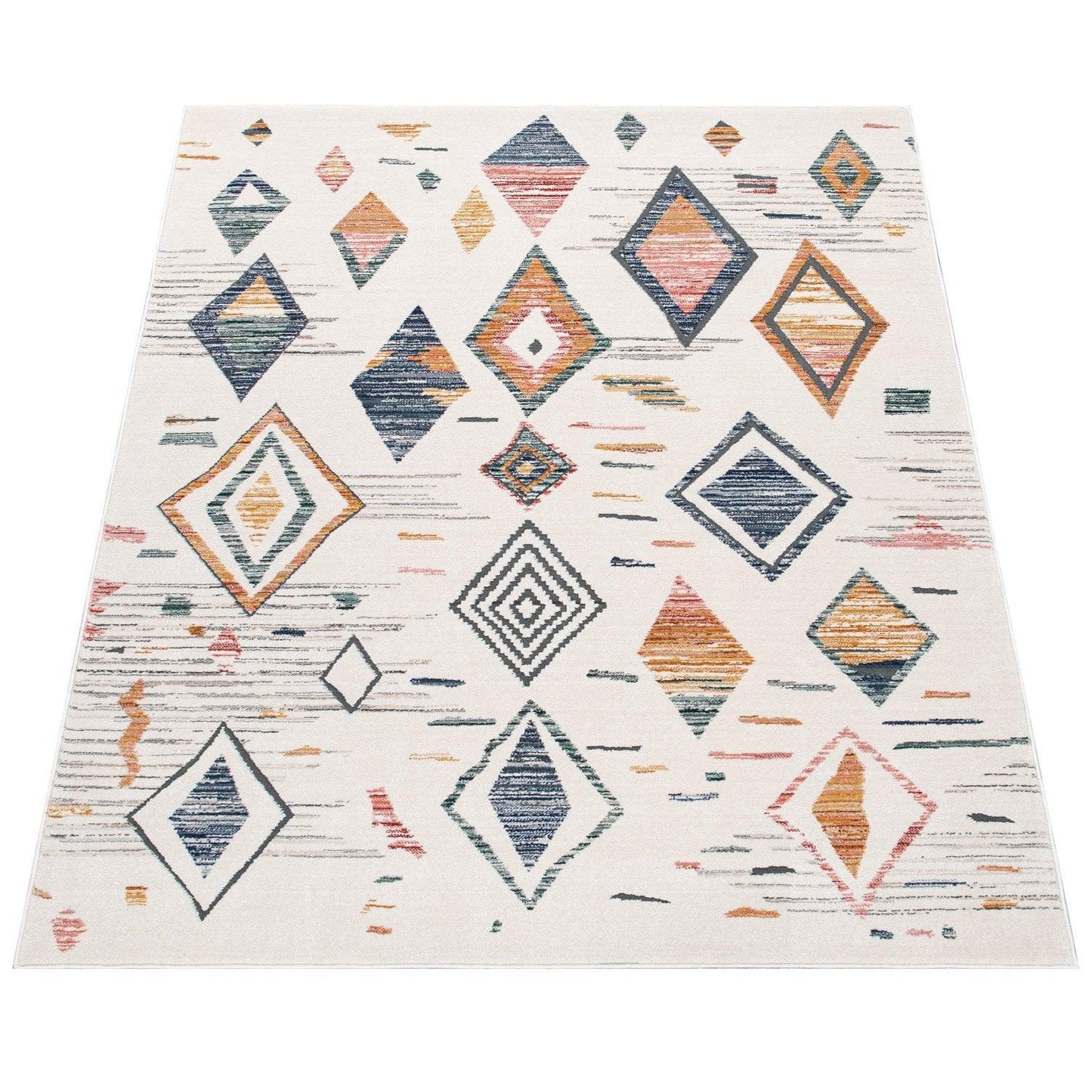Area Rug Cream Low-Pile Boho Style Colorful Diamond Pattern - RugYourHome