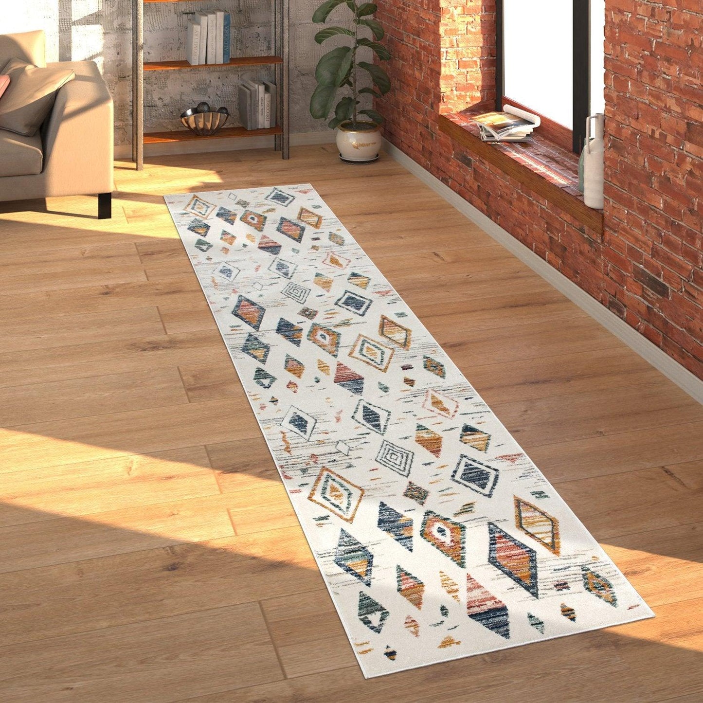 Area Rug Cream Low-Pile Boho Style Colorful Diamond Pattern - RugYourHome