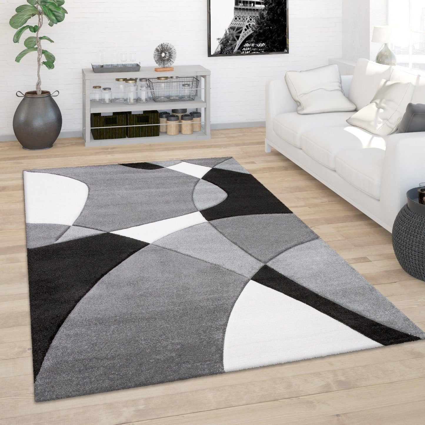 Area Rug Madeira Abstract Curved Pattern - Black White - RugYourHome