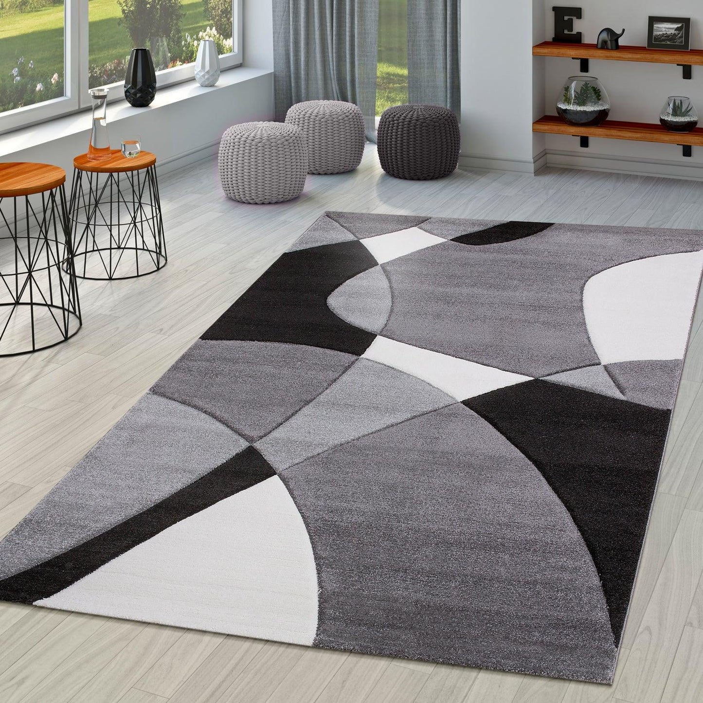 Area Rug Madeira Abstract Curved Pattern - Black White - RugYourHome