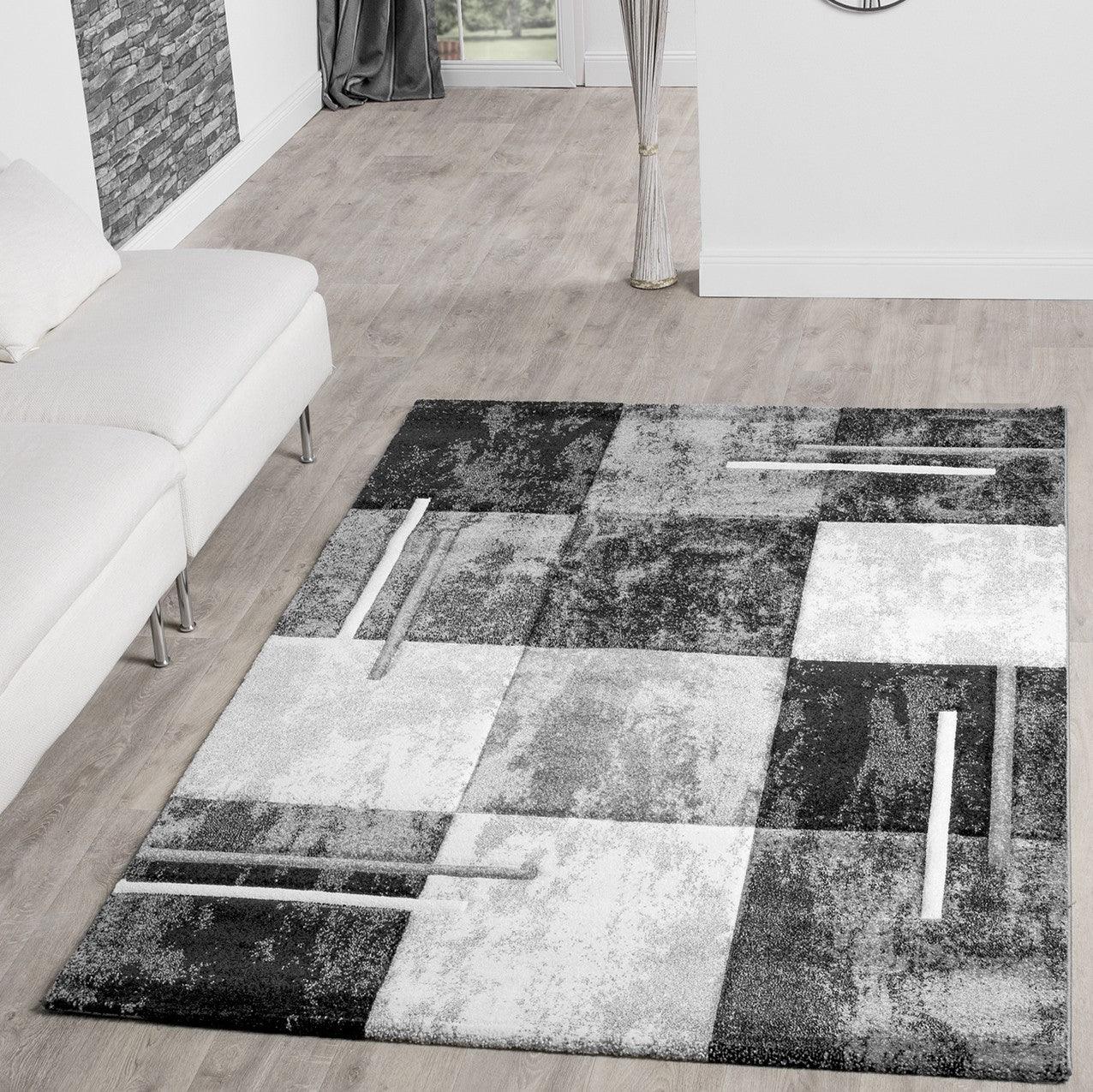 Area Rug Madeira Checkered with Contour Cut - Grey Black - RugYourHome