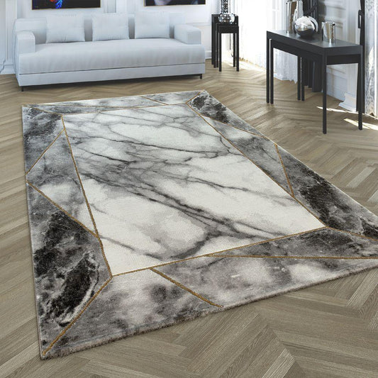 Area Rug Marble Pattern Hardwearing in Grey Gold Beige - RugYourHome
