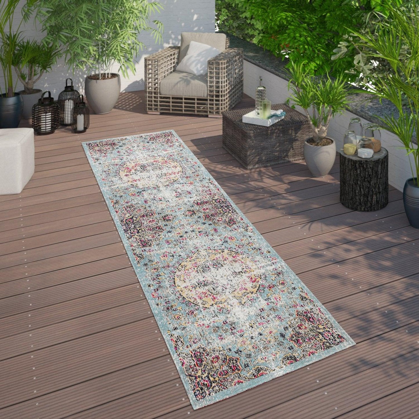 Blue Outdoor Rug Oriental Design Pastel Colors - RugYourHome