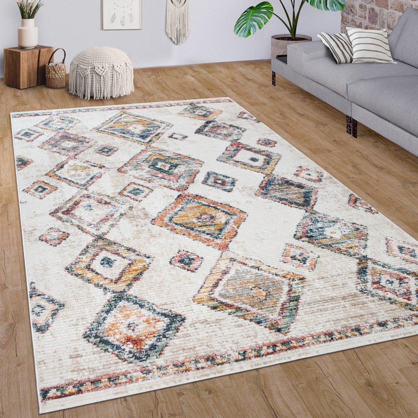 Boho Rug Cream Colorful Ethnic Diamond Pattern Ripped Design - RugYourHome
