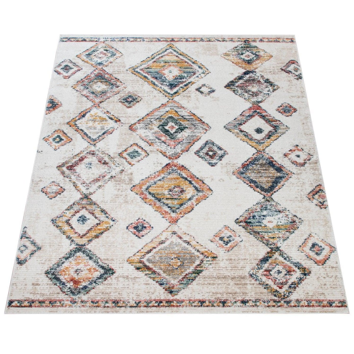 Boho Rug Cream Colorful Ethnic Diamond Pattern Ripped Design - RugYourHome