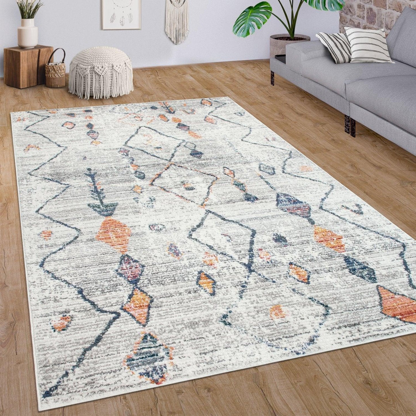 Boho Rug Cream Ethnic Diamond Pattern Modern Ripped Design - RugYourHome