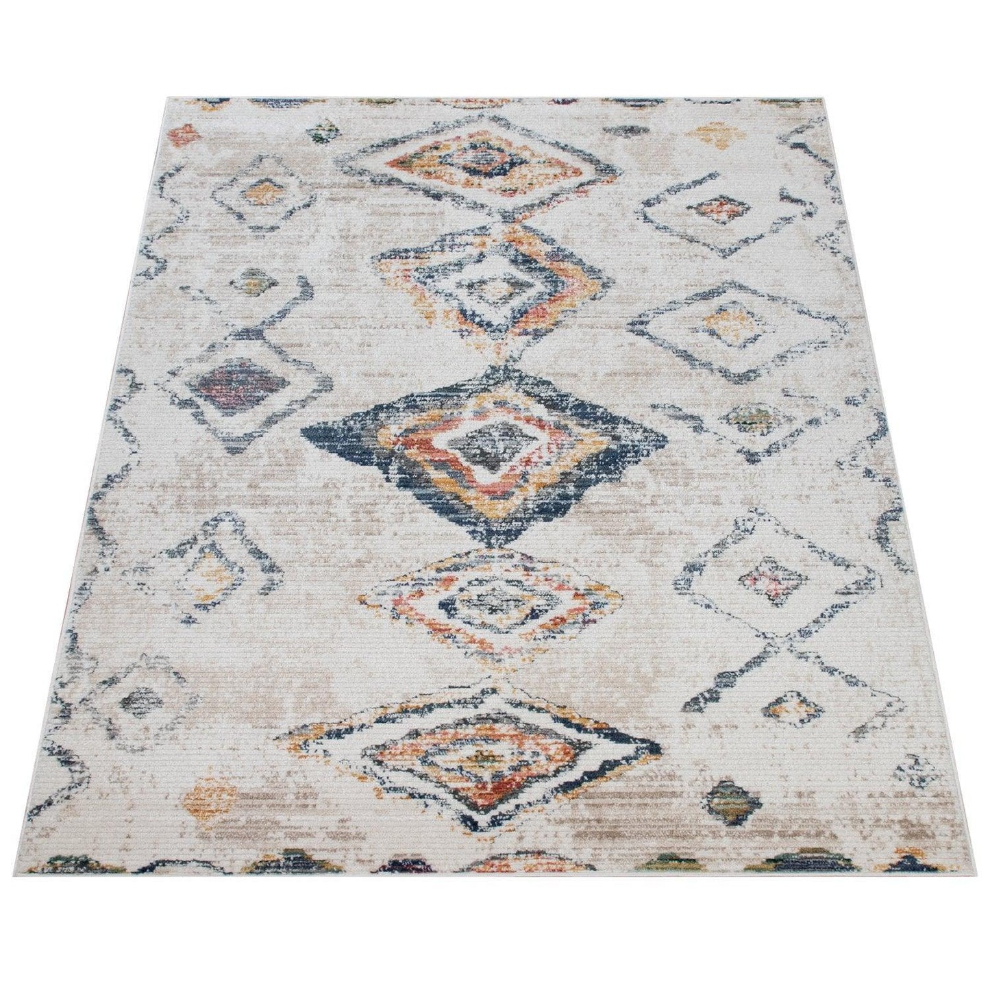 Boho Rug Cream Ethnic Diamond Pattern Unique Design Ripped - RugYourHome