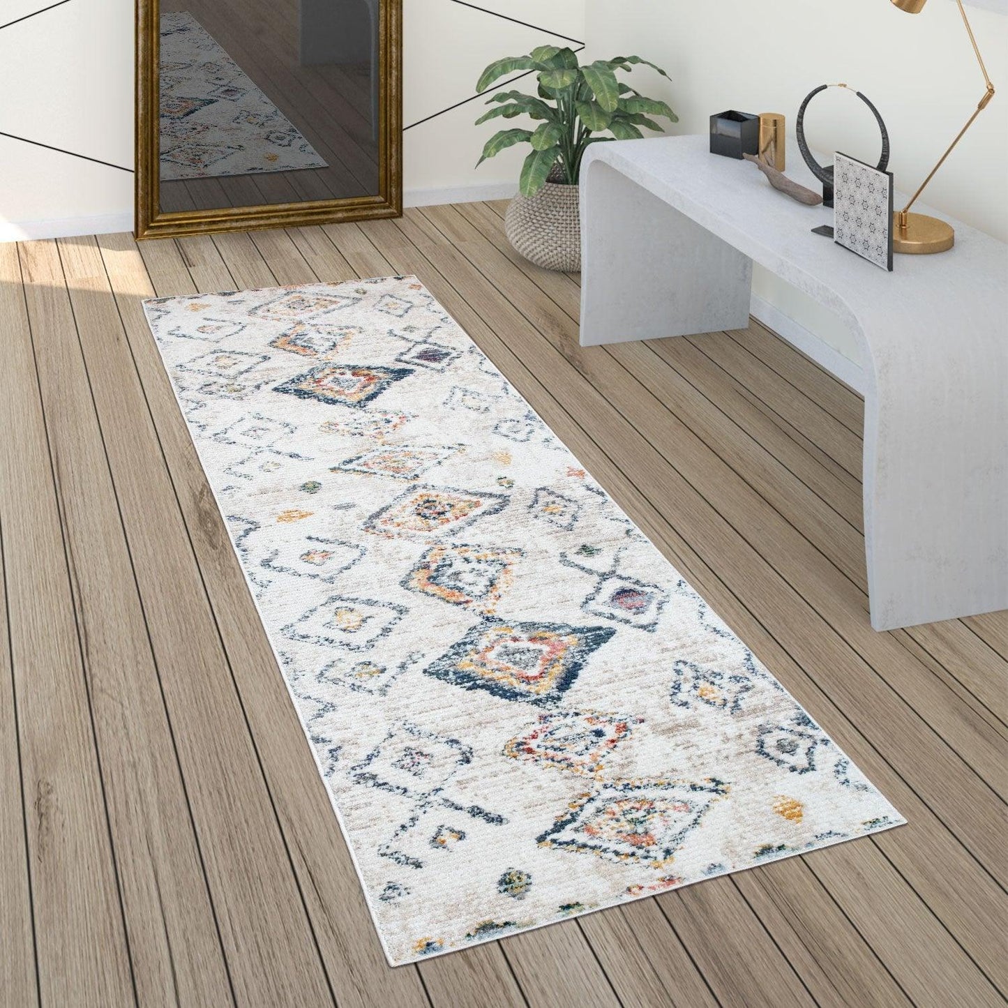 Boho Rug Cream Ethnic Diamond Pattern Unique Design Ripped - RugYourHome