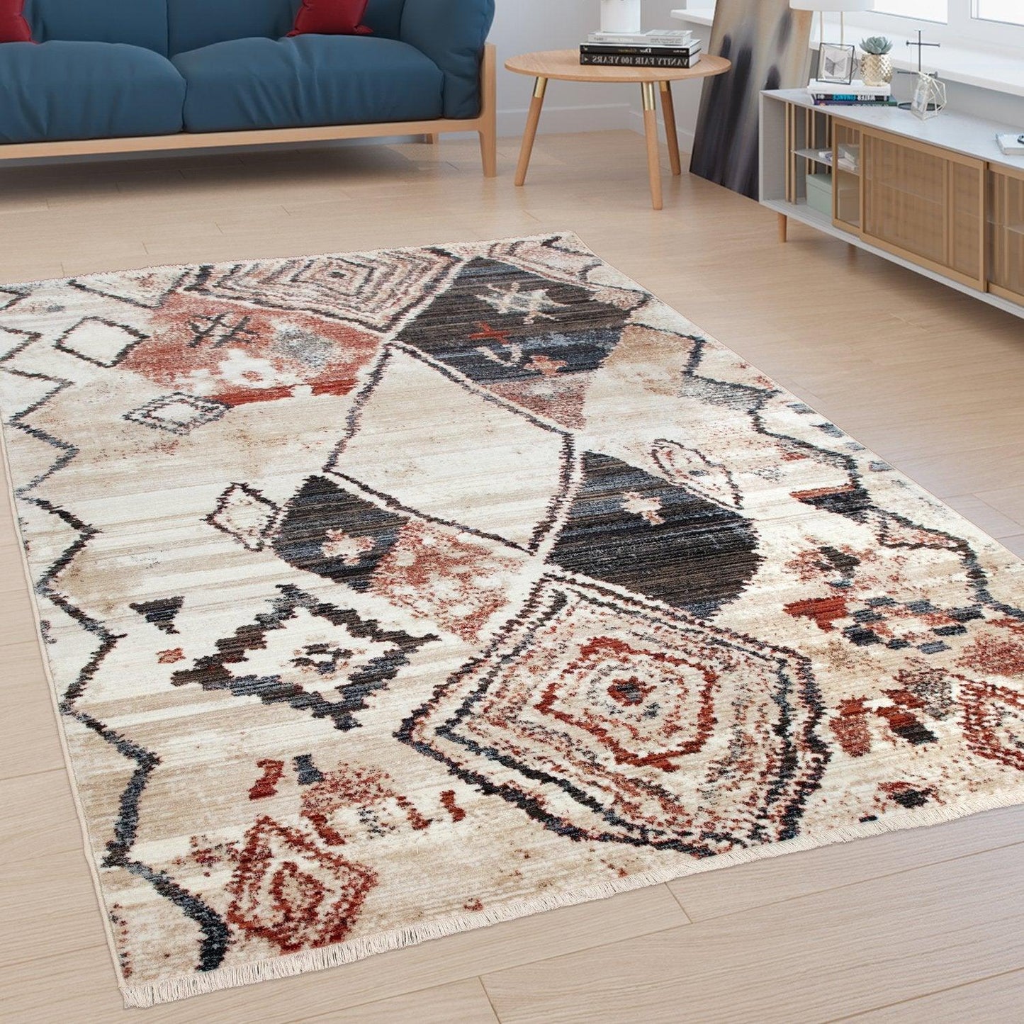 Boho Rug For Living Rooms Diamond Pattern Red Cream - RugYourHome