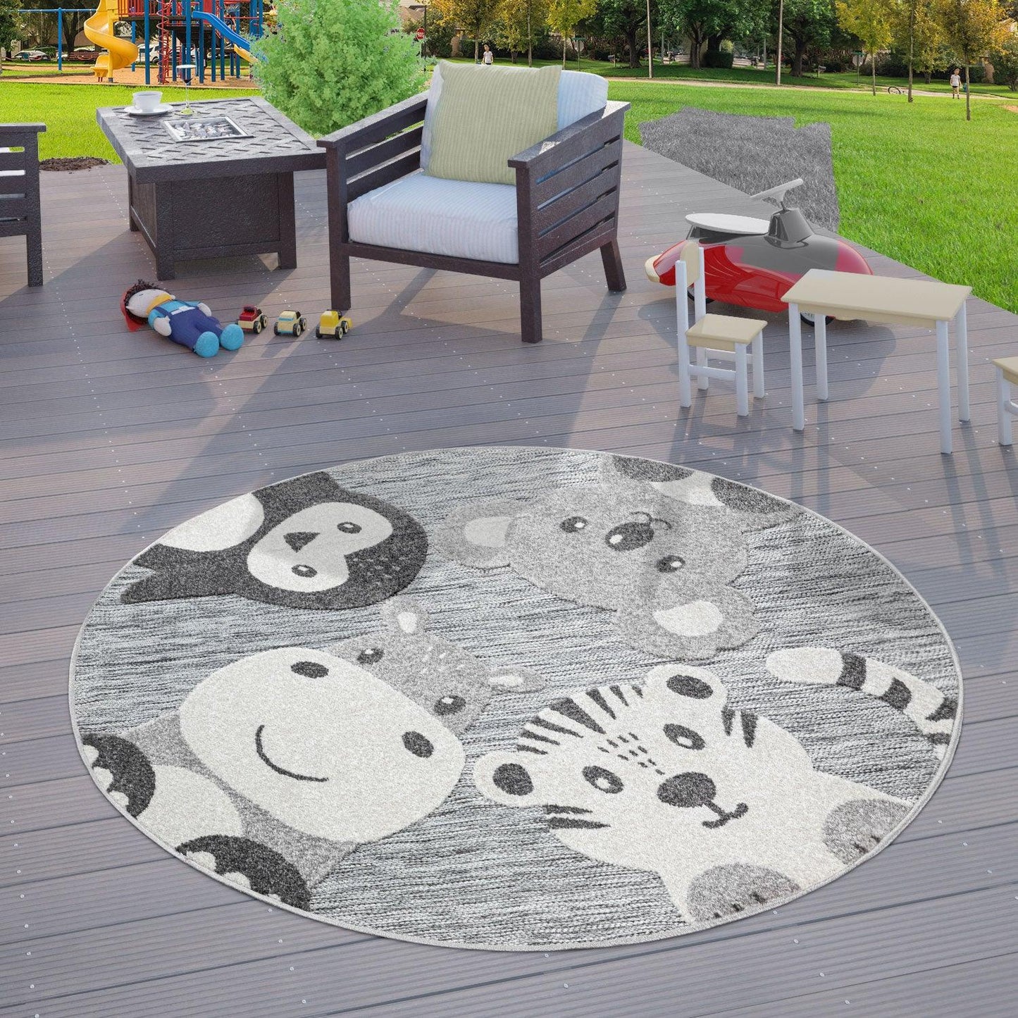 Cute Round Kids Rug Zoo Animals with Penguin Koala Bear Tiger and Hippo in Grey - RugYourHome
