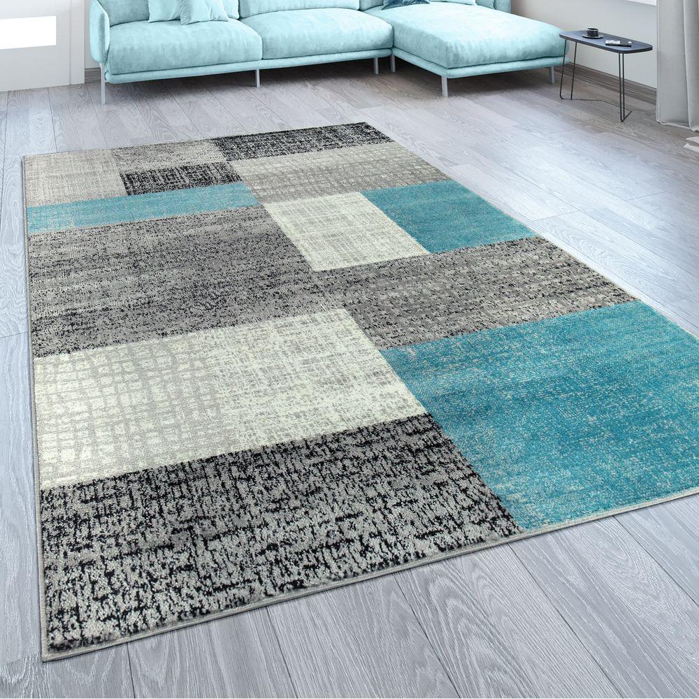Designer Area Rug Modern Checked Pattern Mottled in Light Blue Grey White - RugYourHome