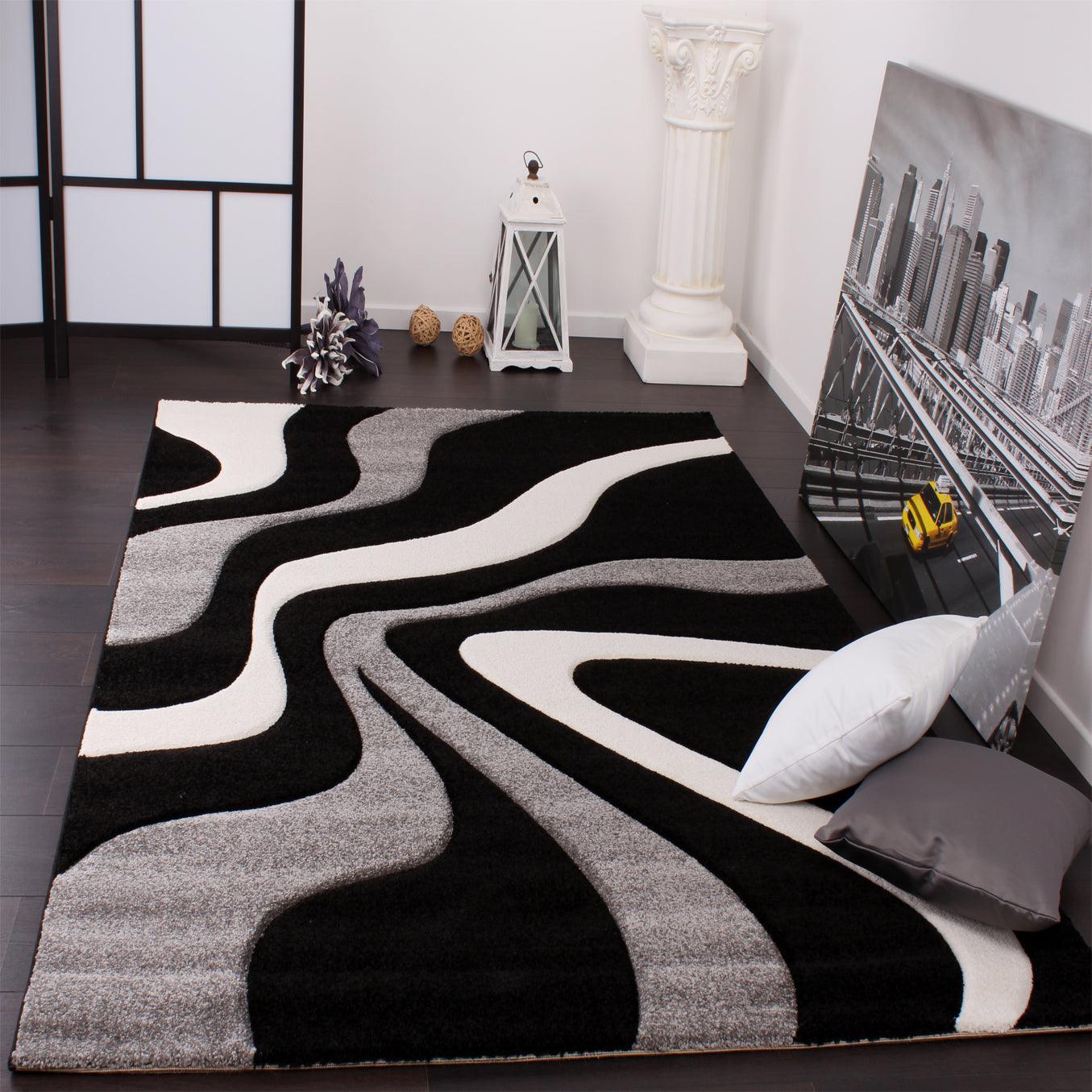 Paco Home Designer Rug with Contour Cut Striped Model in Grey Black and Red  Mixture, Size:2' x 3'7