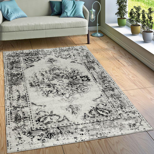 Designer Rug Short-Pile Living Room Vintage Look Modern In Grey Cream - RugYourHome