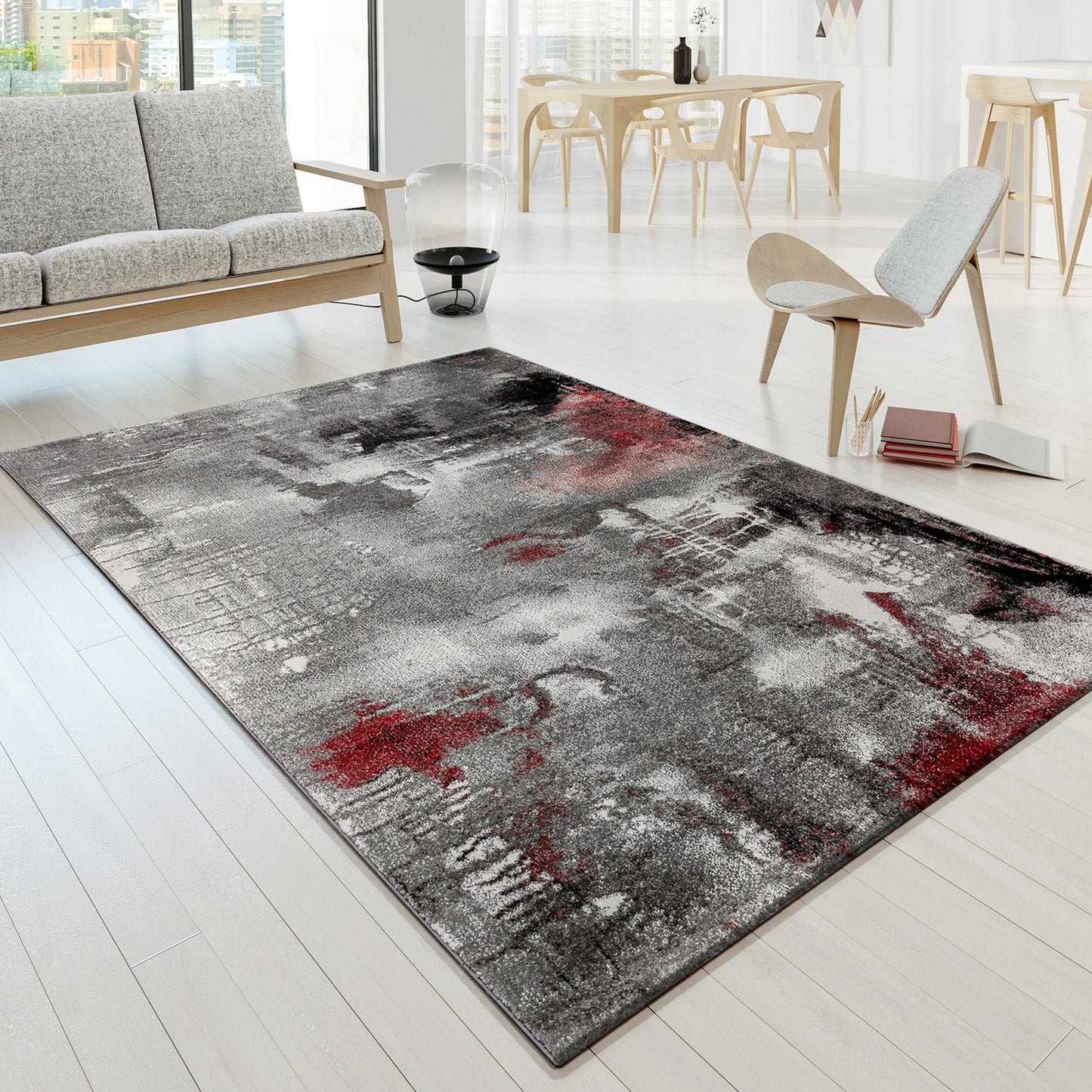 Designer Rug Canvas Artful Design - Mottled Grey Red Cream