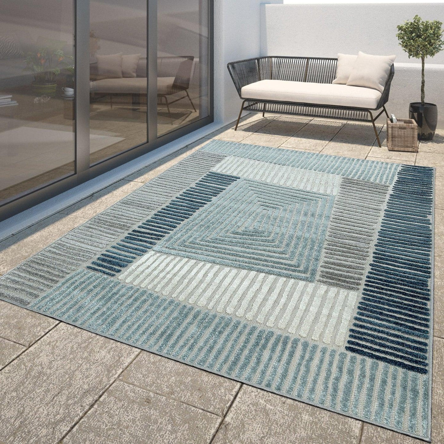 In- & Outdoor Rug Marrakesh Carved Design - Aqua Blue Beige - RugYourHome