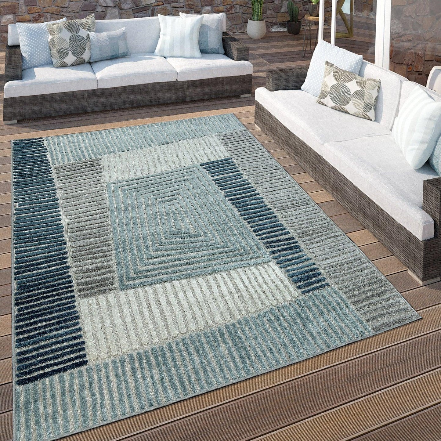 In- & Outdoor Rug Marrakesh Carved Design - Aqua Blue Beige - RugYourHome