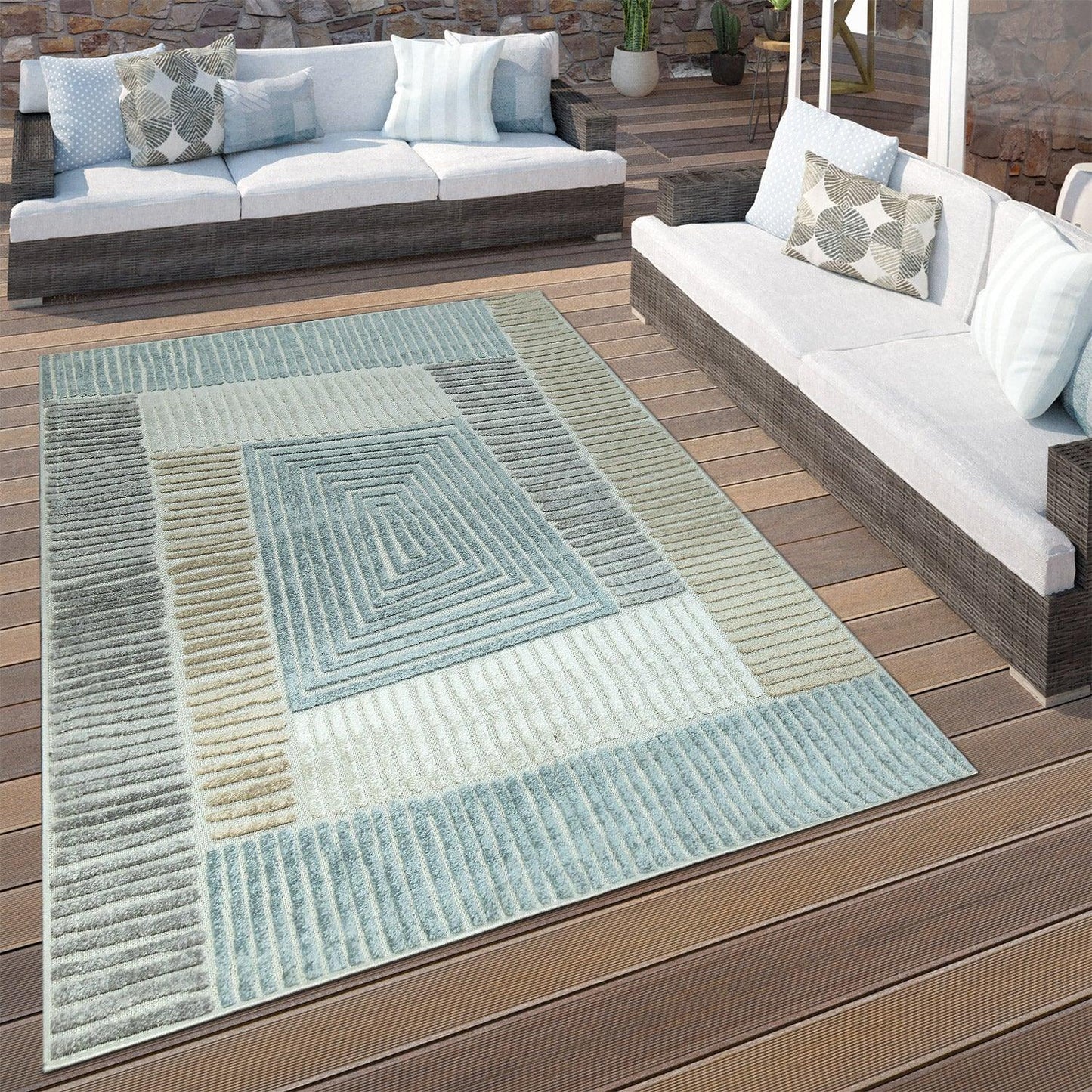 In- & Outdoor Rug Marrakesh Carved Design - Brown Blue Beige - RugYourHome