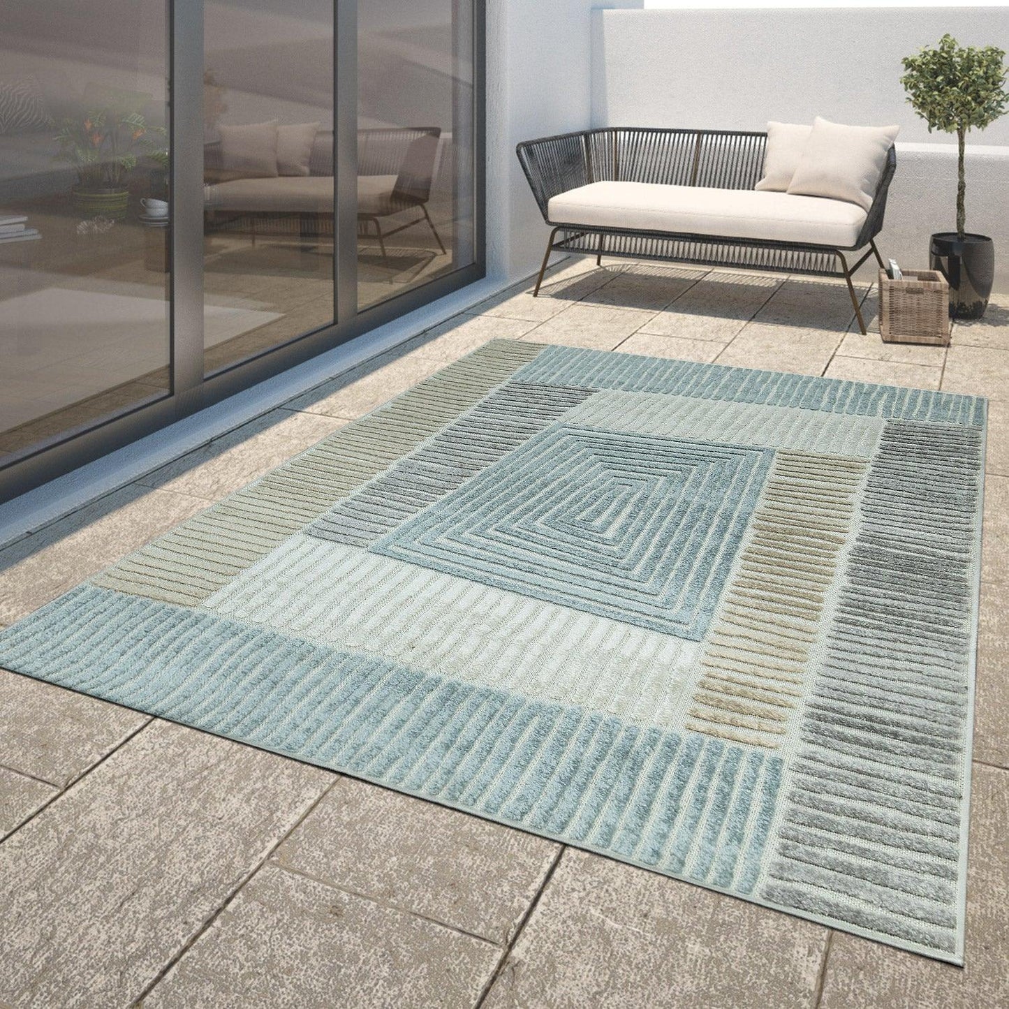 In- & Outdoor Rug Marrakesh Carved Design - Brown Blue Beige - RugYourHome