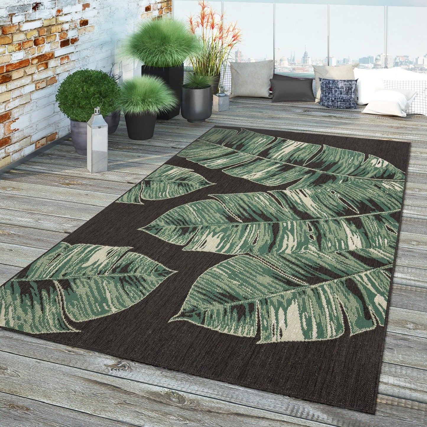 In- & Outdoor Rug Ostende Jungle Leaves - Black Green - RugYourHome