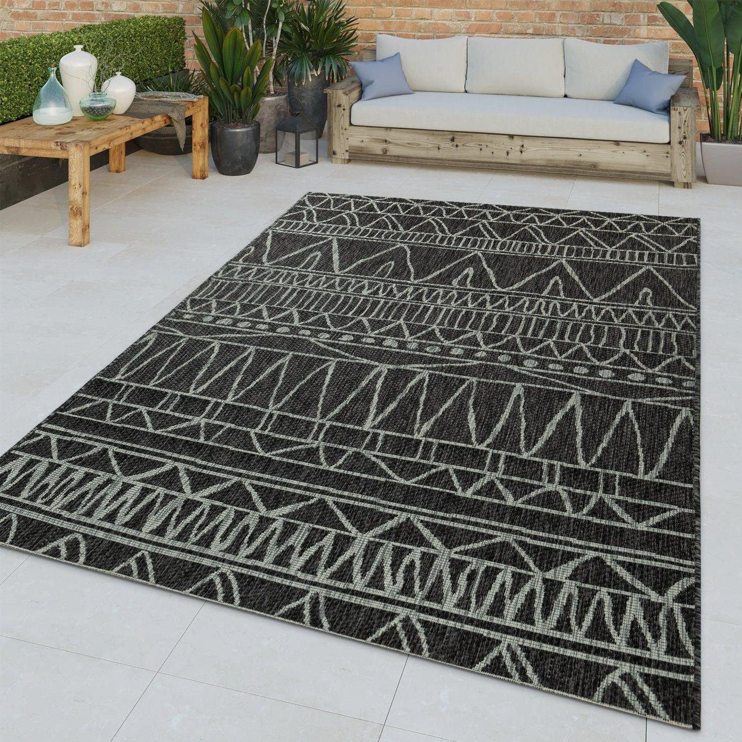 Indoor & Outdoor Rug modern ethnic pattern for Patio/Balcony in Black Grey - RugYourHome