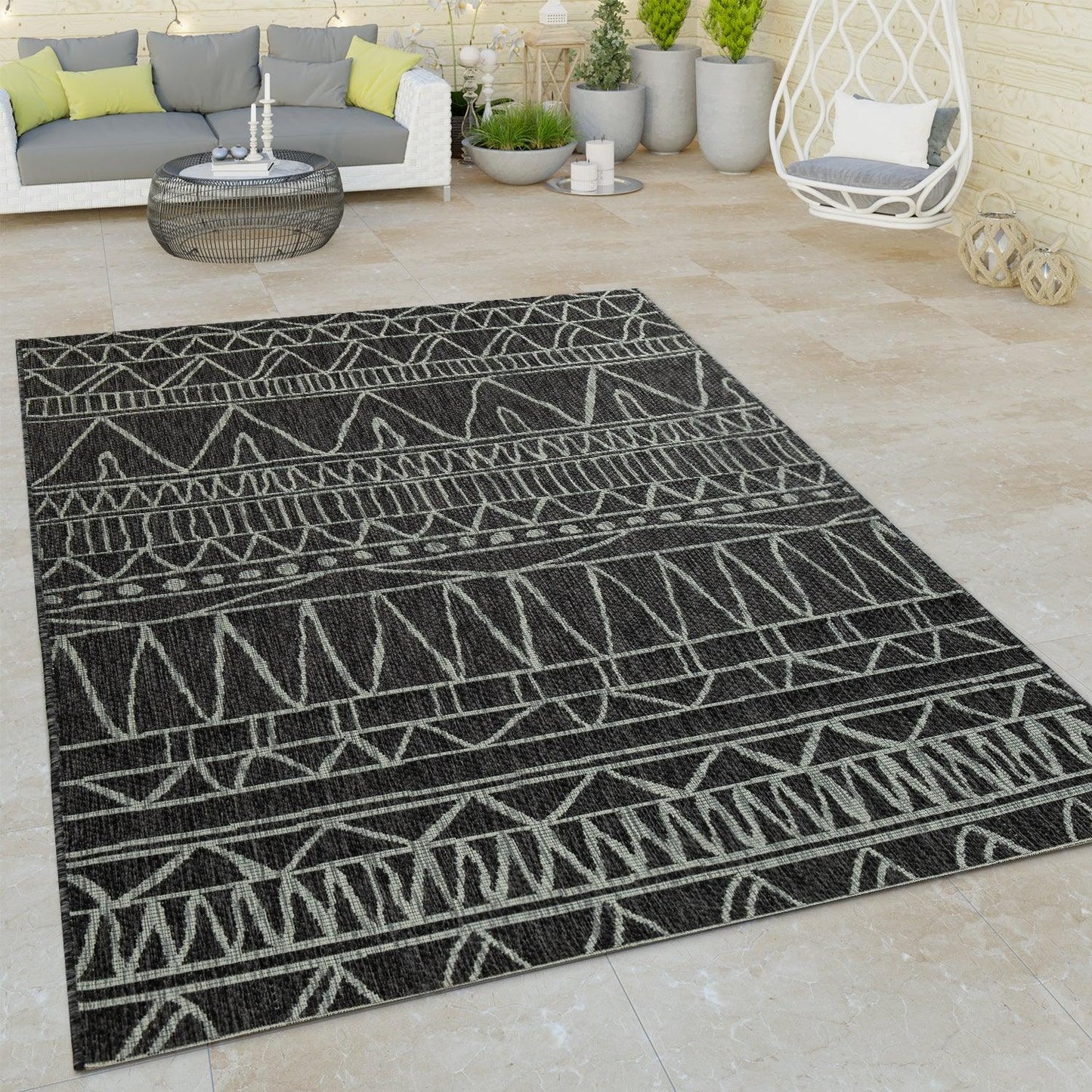 Indoor & Outdoor Rug modern ethnic pattern for Patio/Balcony in Black Grey - RugYourHome