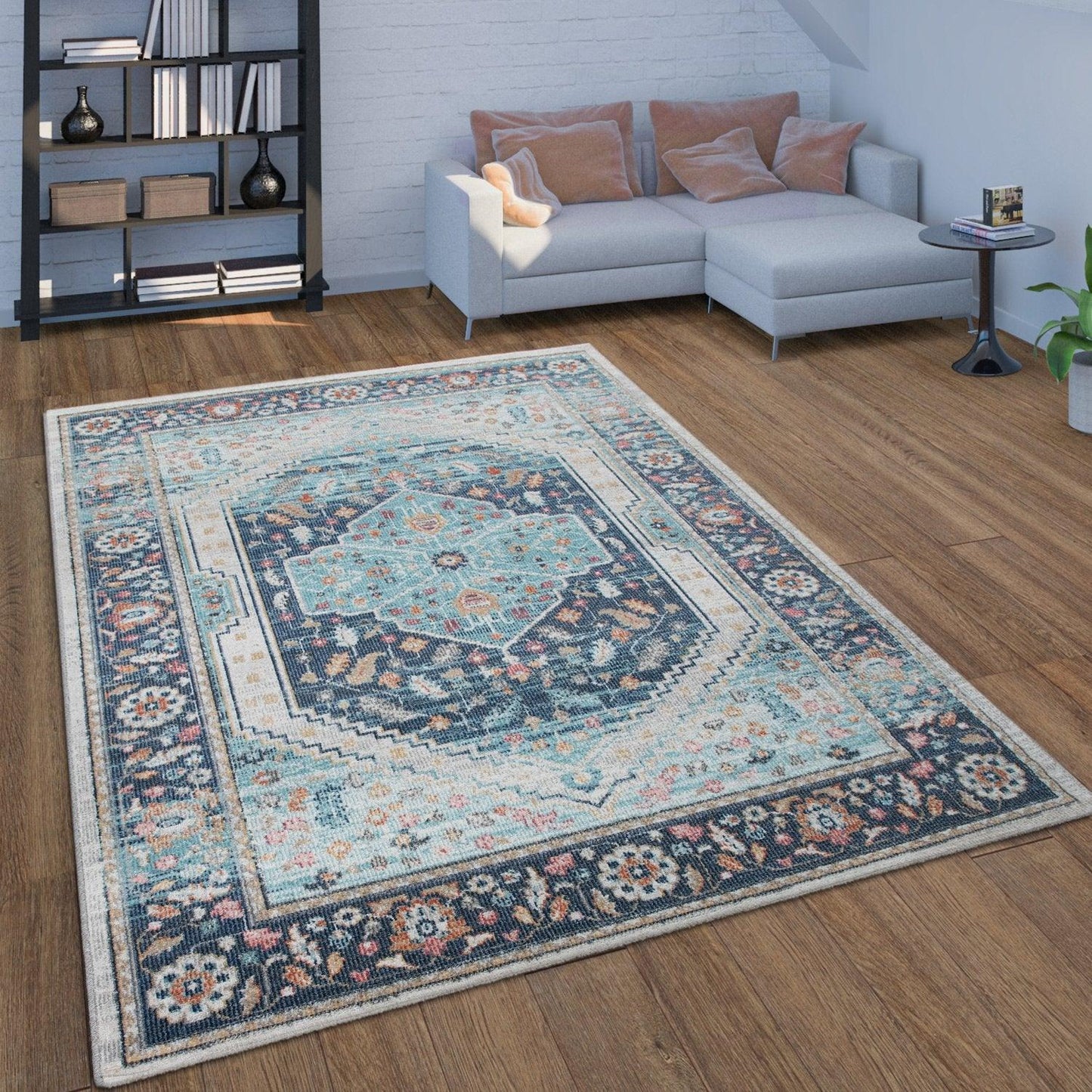 Indoor & Outdoor Rug, Short-Pile For Balcony And Patio, Oriental Design In Blue - RugYourHome