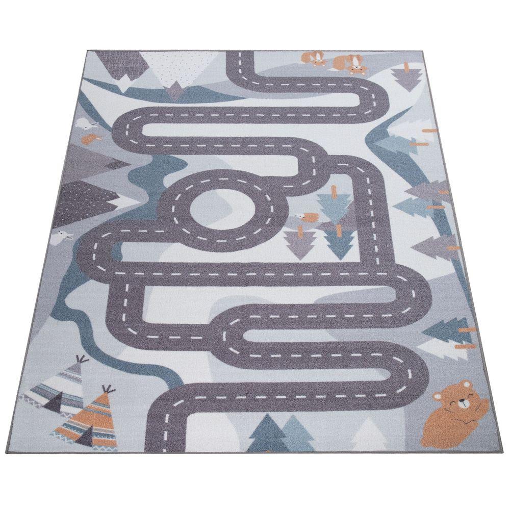 Kids Play Rug For Nursery Road With Forest Animals grey blue - RugYourHome