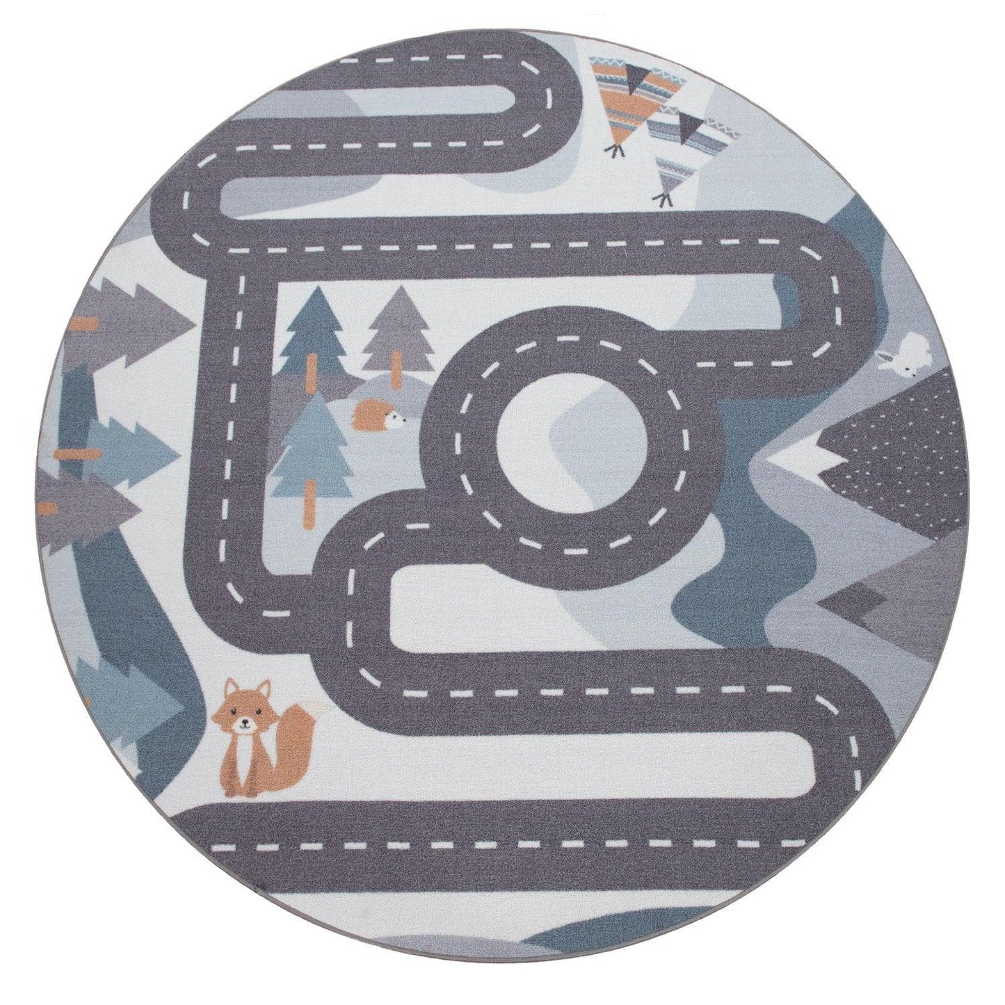 Kids Play Rug For Nursery Road With Forest Animals grey blue - RugYourHome