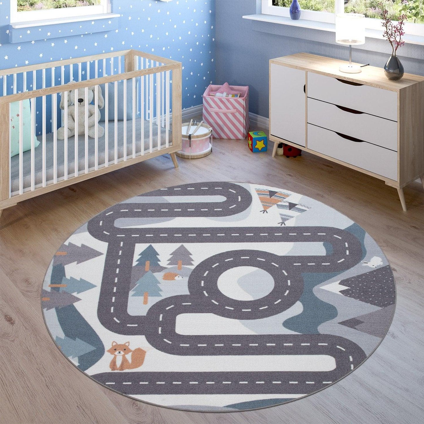 Kids Play Rug For Nursery Road With Forest Animals grey blue - RugYourHome