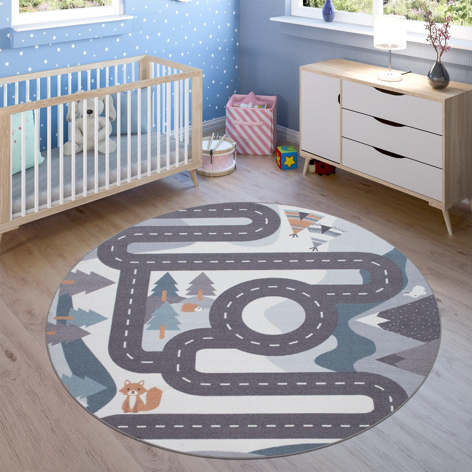 Kids Play Rug For Nursery Road With Forest Animals grey blue - RugYourHome