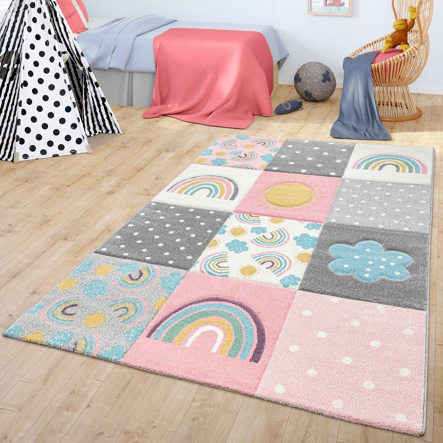 Kids Rug Cosmo with Rainbow & Clouds in Colorful Pink - RugYourHome