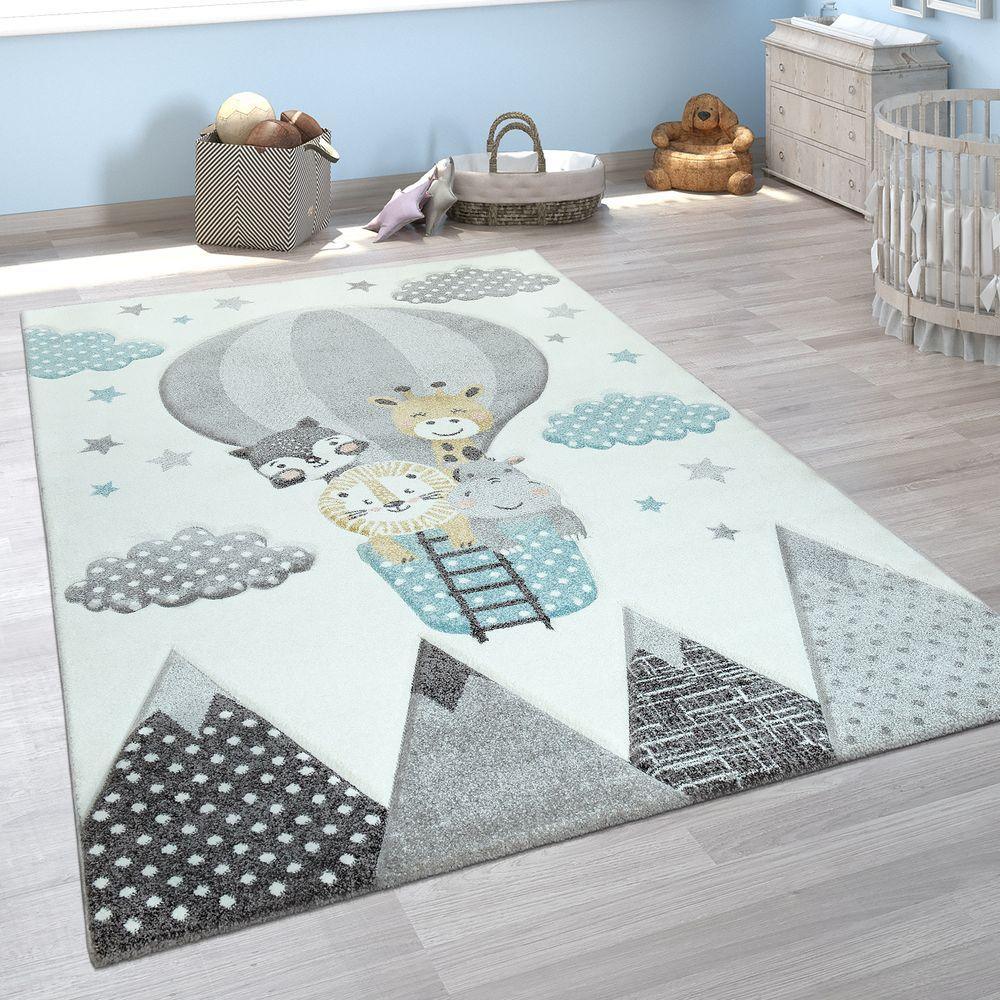 Kids Rug Hot Air Balloon Animals Clouds in Pastel Cream - RugYourHome