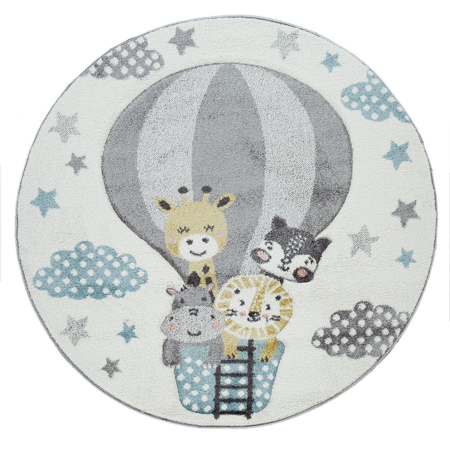 Kids Rug Hot Air Balloon Animals Clouds in Pastel Cream - RugYourHome