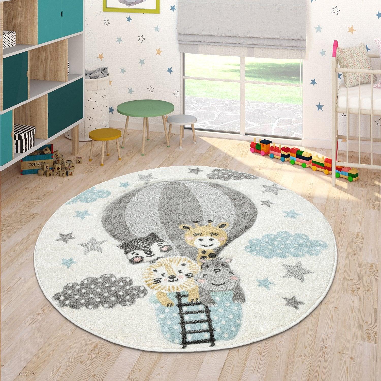 Kids Rug Hot Air Balloon Animals Clouds in Pastel Cream - RugYourHome