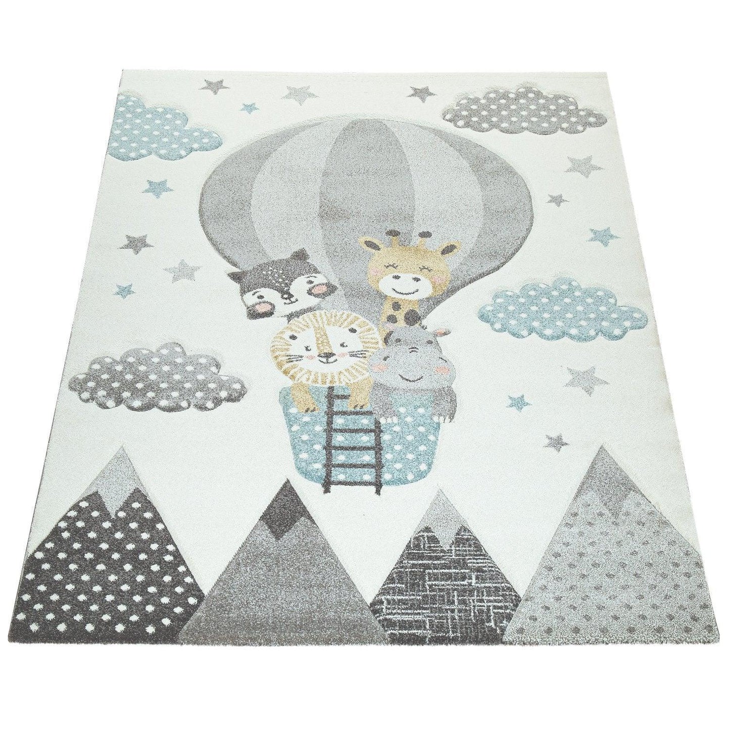 Kids Rug Hot Air Balloon Animals Clouds in Pastel Cream - RugYourHome
