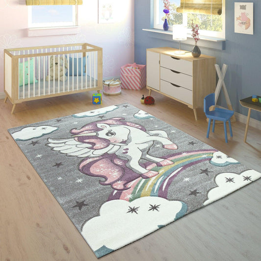 Kids Rug Rainbow Unicorn Colourful Grey - RugYourHome