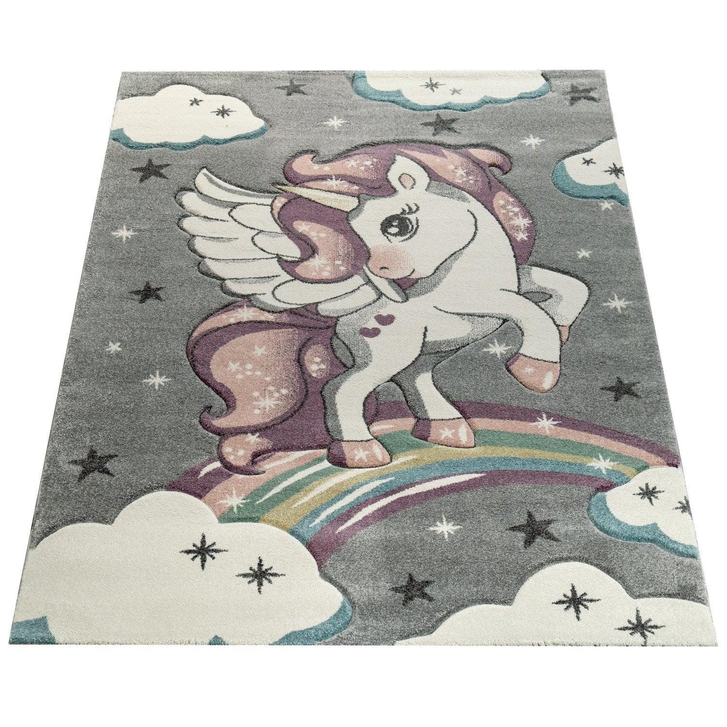 Kids Rug Rainbow Unicorn Colourful Grey - RugYourHome