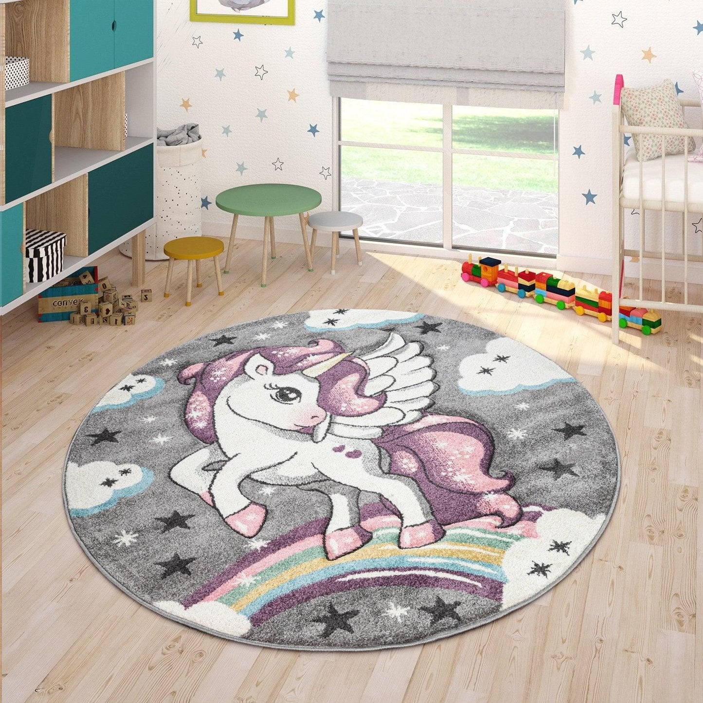 Kids Rug Rainbow Unicorn Colourful Grey - RugYourHome