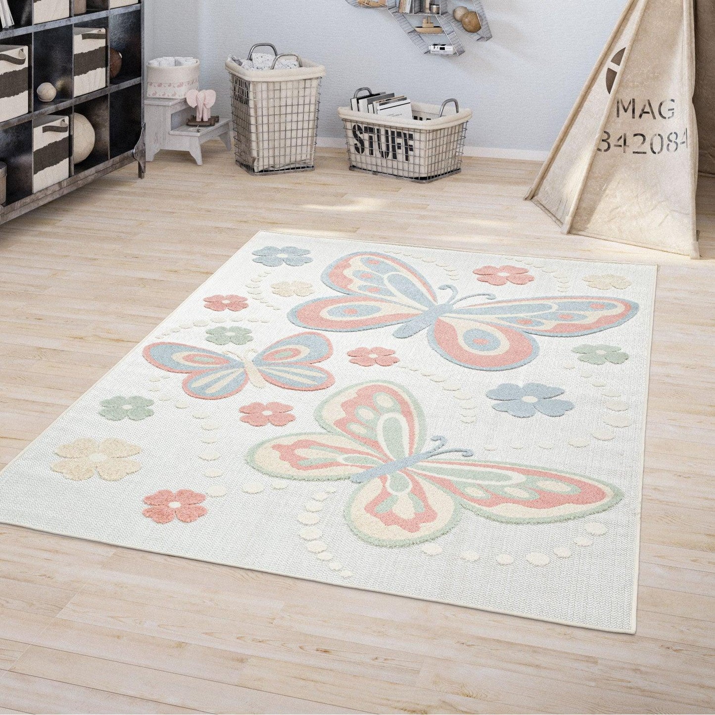 Kids Rug Tweet Colorful Playmat with Butterflies & Flowers in Beige - RugYourHome