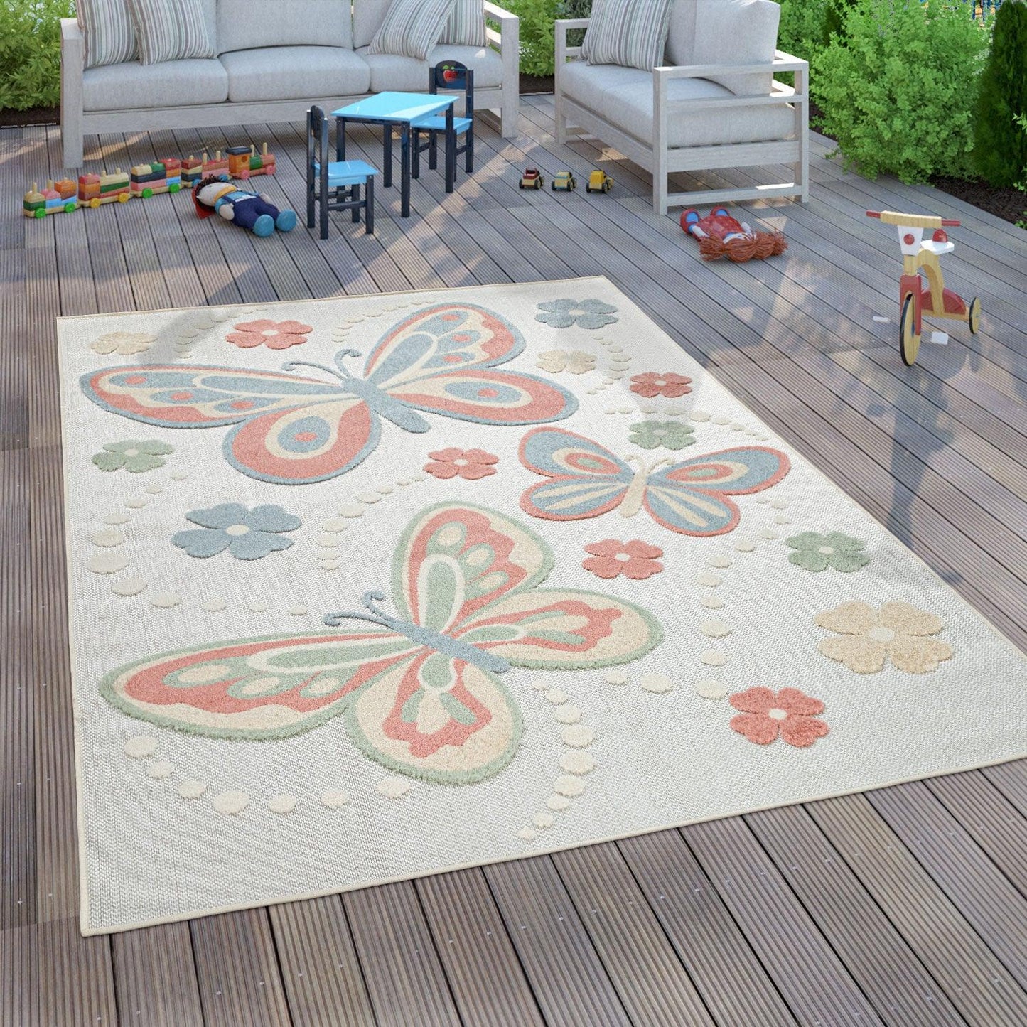 Kids Rug Tweet Colorful Playmat with Butterflies & Flowers in Beige - RugYourHome
