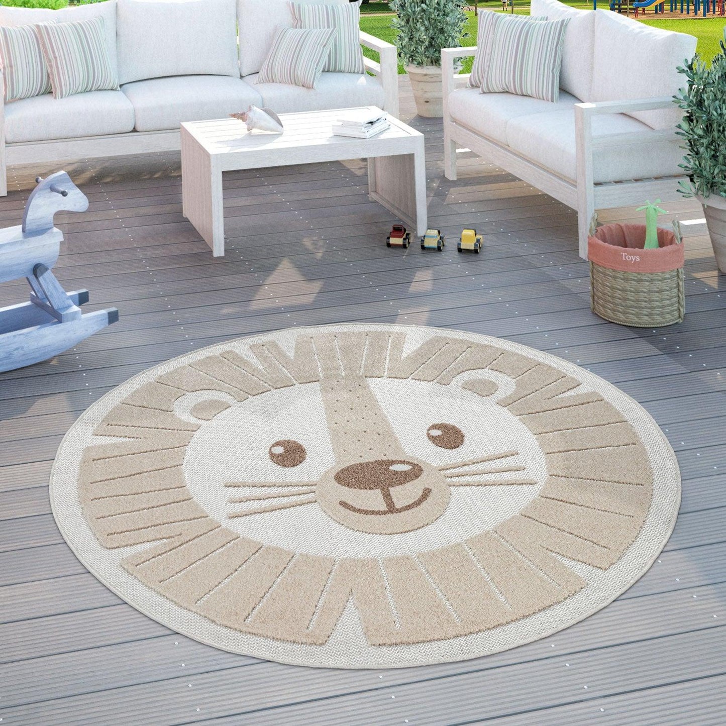 Kids Rug Tweet Happy Lion Play-Mat Round in Beige - RugYourHome