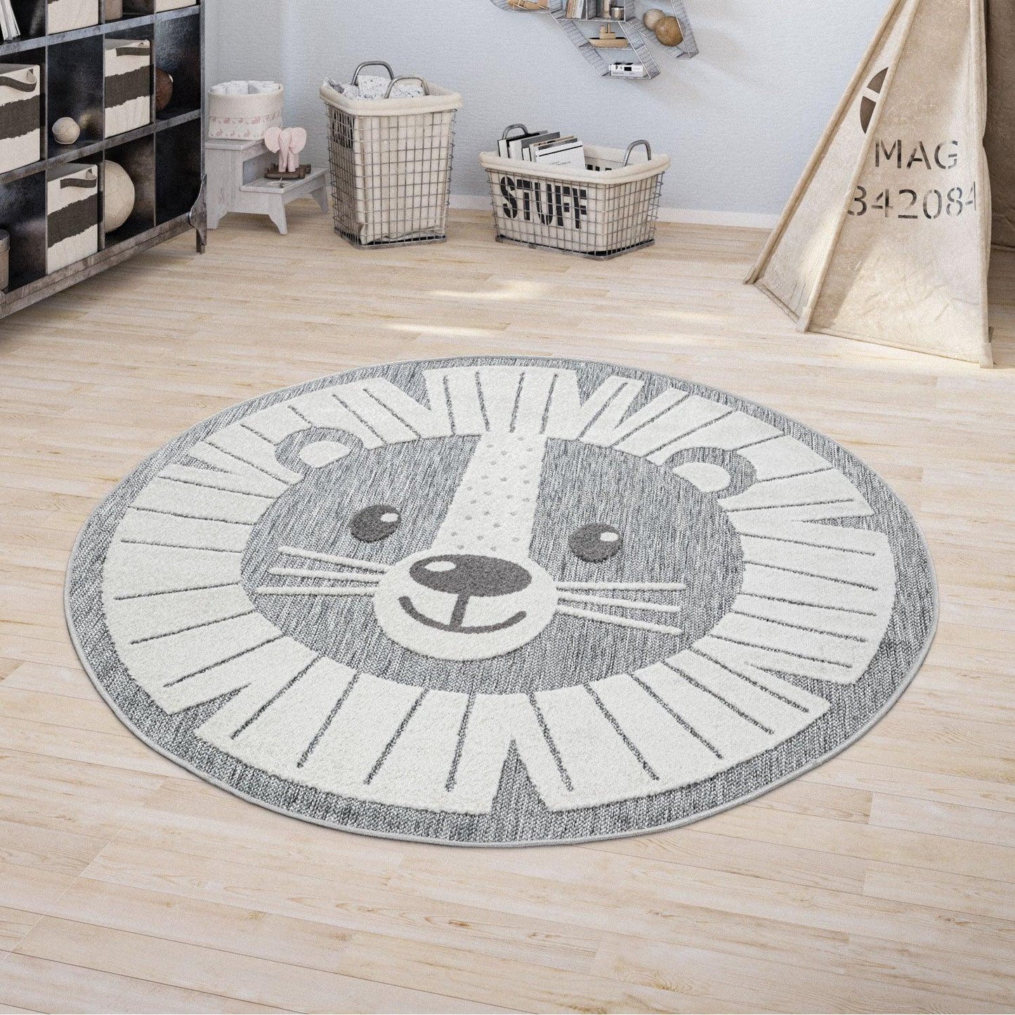 Kids Rug Tweet with Lion Face Round Play Mat in Grey - RugYourHome