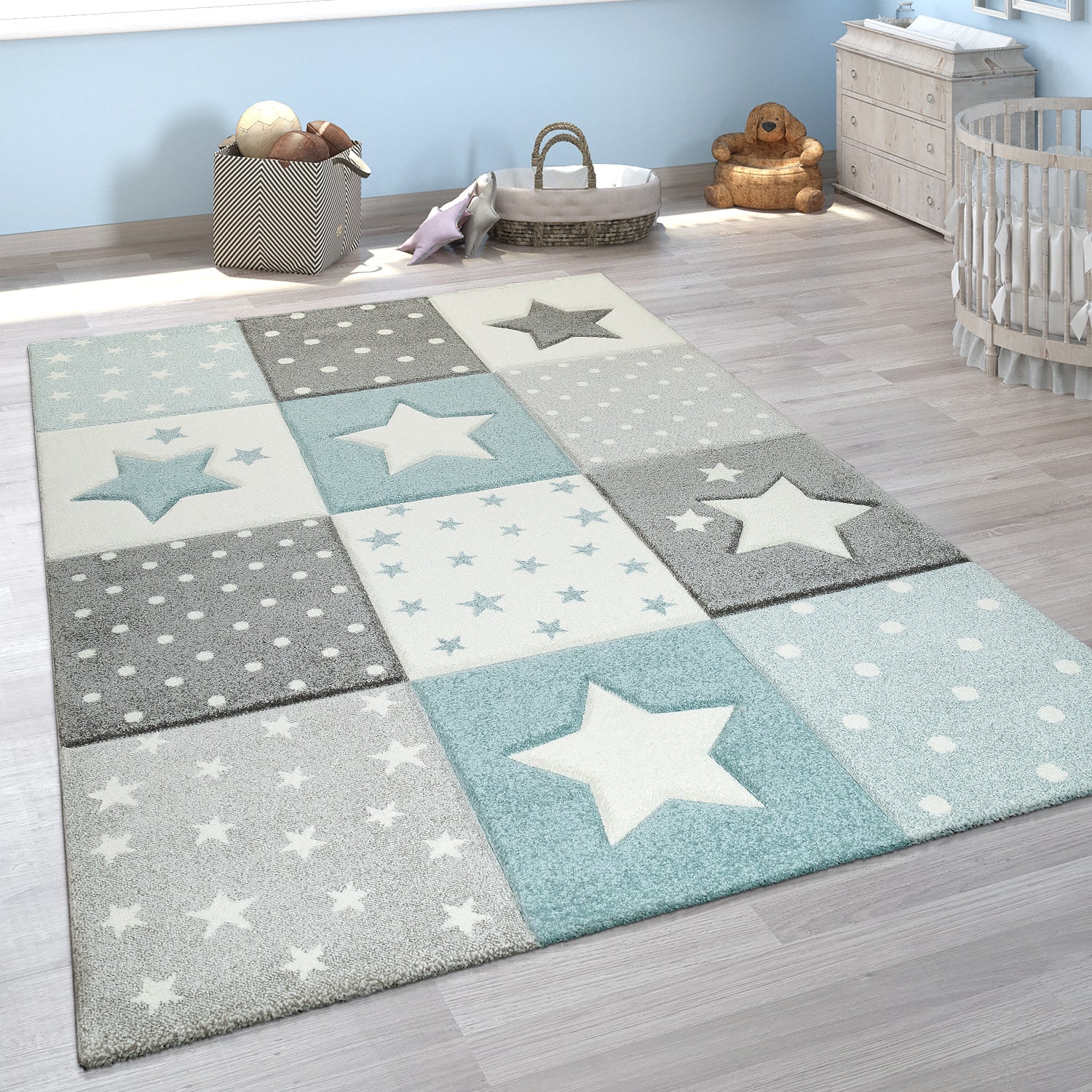 Nursery Rug Cosmo Checkered With Stars In Pastel Blue White RugYourHome nursery-rug-cosmo-checkered-with-stars-in-pastel-blue-white-rugyourhome